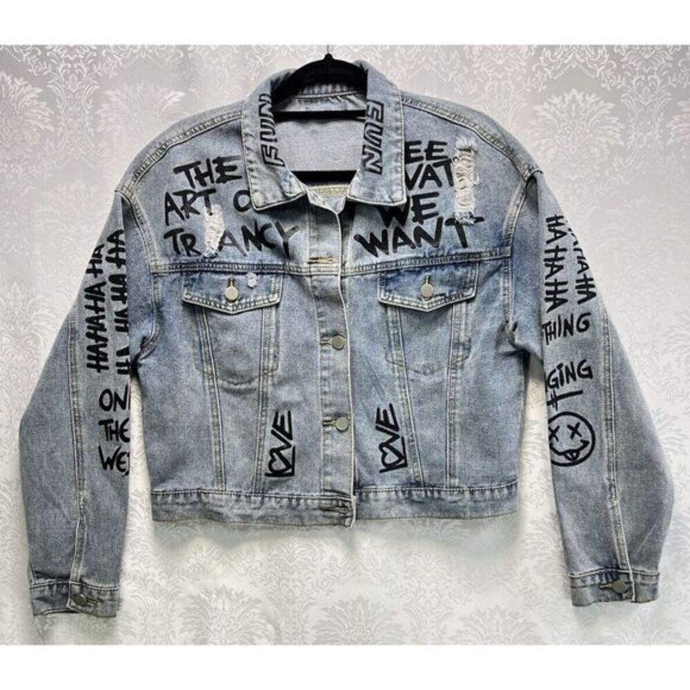 Pre-Loved - Blue Graffiti Jacket - Trendy Distressed Style - Women - See Images - Picture 1 of 17
